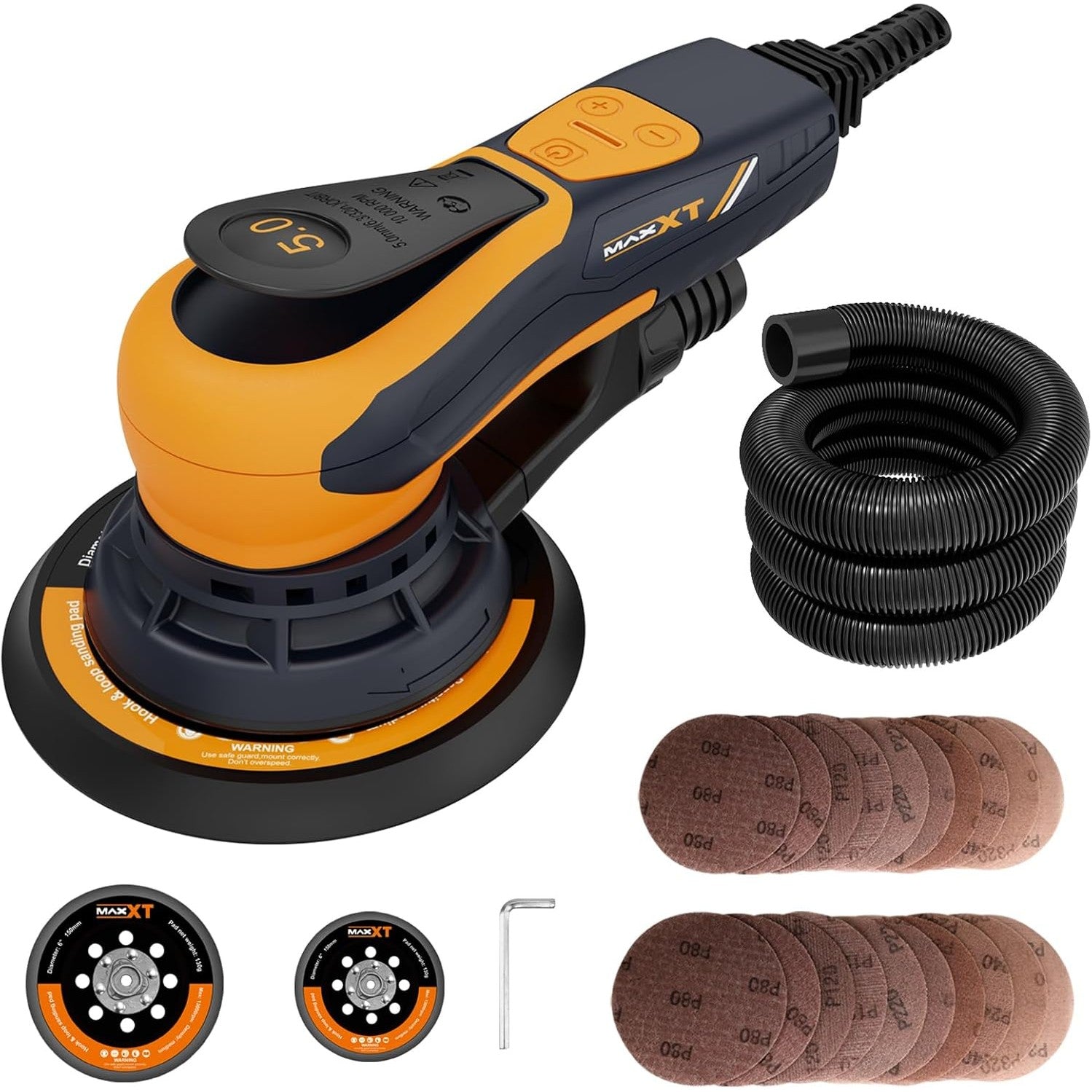MAXXT Electric 5mm Random Orbital Sander, Palm Sander with Brushless Motor, 5&6Inch Sanding Pads, Central Vacuum, Sanders for Woodworking, Primary Wood and Panel Processing(Orange)