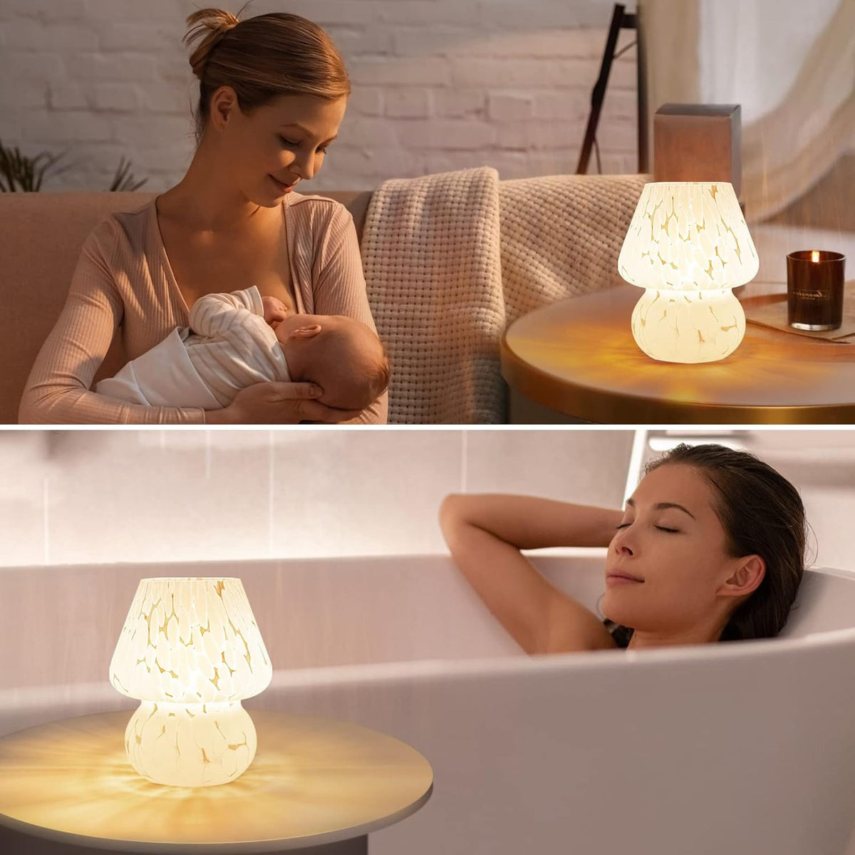 Lampa decorativa ONEWISH in forma de ciuperca, din sticla translucida alba, cu luminozitate reglabila
