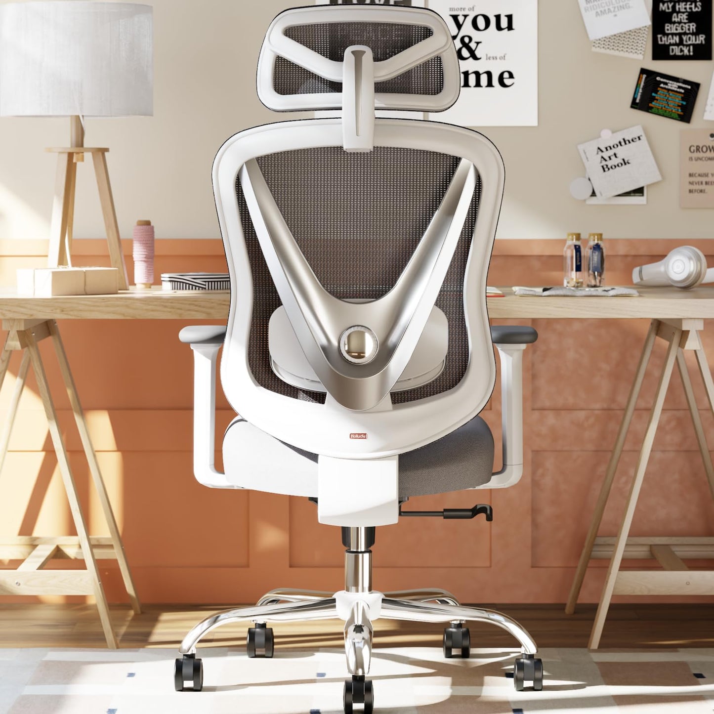 Scaun birou ergonomic HOLLUDLE Mesh alb + Suport lombar 3D + Brate 3D reglabile