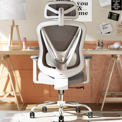 Scaun birou ergonomic HOLLUDLE Mesh alb + Suport lombar 3D + Brate 3D reglabile
