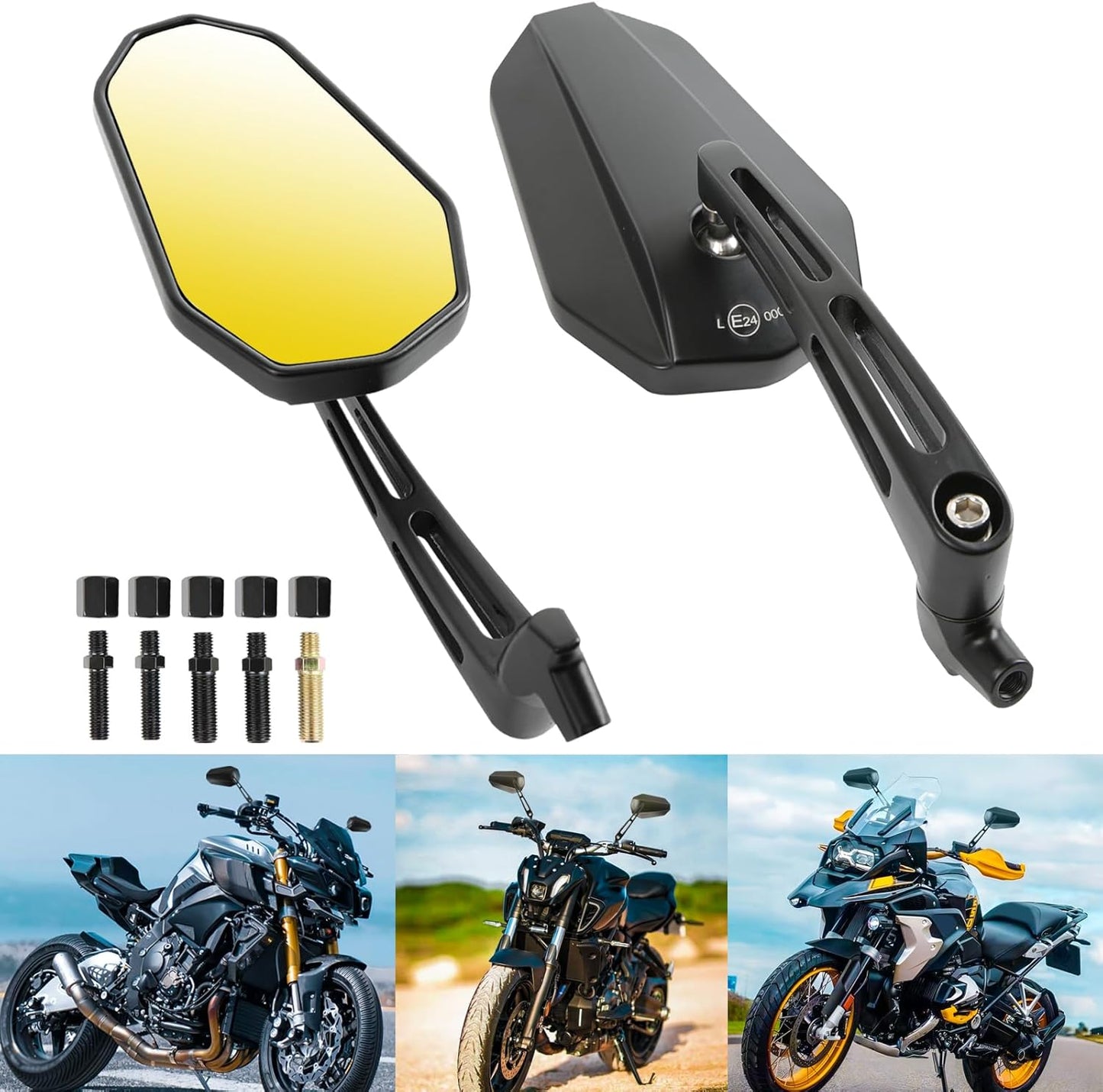 DREAMIZER E24 E-Mark Motorcycle Mirror, 8mm 10mm Motorcycle Side Mirror Compatible with Z900 Z1000 Z800 Z650 Z750 Z300 Z250 Z125 ER6N XJ6, MT03 MT09 MT10 MT07, ATV Quad Scooter ATV Touring Chopper
