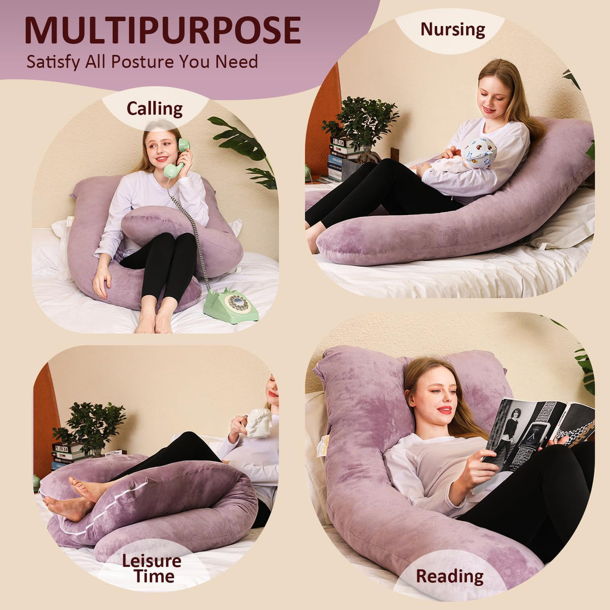 Perna Chilling Home Pregnancy Pillow U-Shaped Side Sleeper Purple Velvet