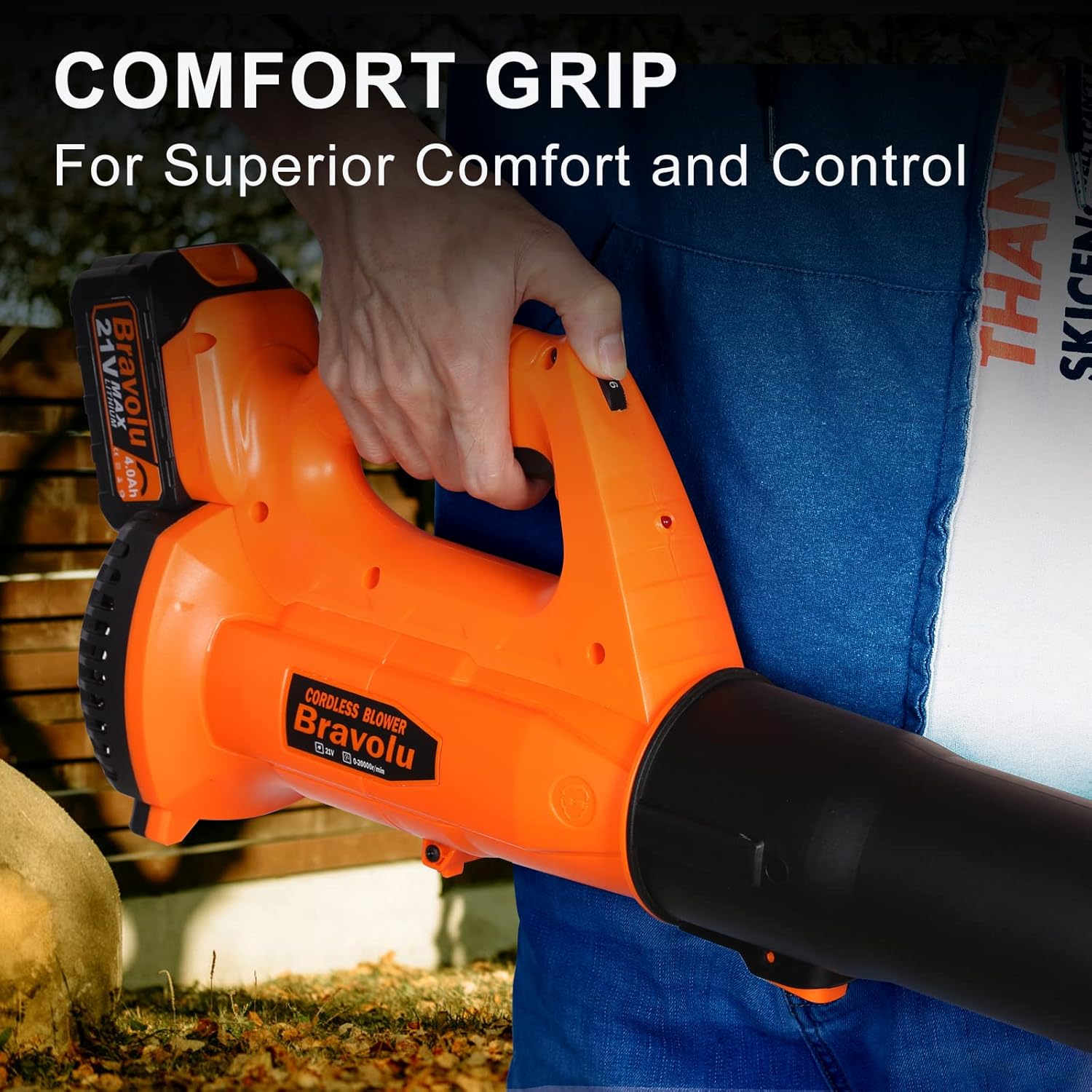 Battery Leaf Blower, Bravolu 21 V Blower Max. Fan Speed 210 km/h, with 4.0 Ah Battery and Charger, 6 Speed