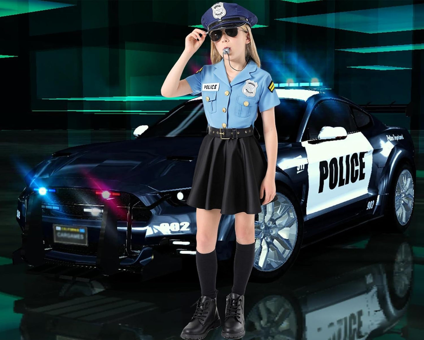 Cop Costume for Kids Girls Police Officer Costume Dress with Hat Toddler Halloween Costume Outfit Set with Stuff Toy