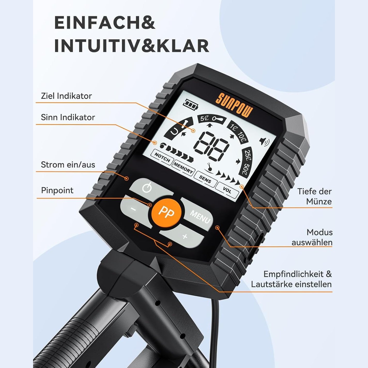 SUNPOW Metal Detector Professional Set, IP68 Waterproof Coil, Strong Anti-Interference, Improved Durable Chip, High Accuracy, 4 Modes for Adults and Children