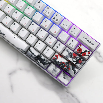 JSJT Plum Blossom Keycaps 128 Keys French Keycaps PBT OEM Profile Custom Keycaps for 61/68/87/96/104/108 Cherry MX Switches Mechanical Keyboard