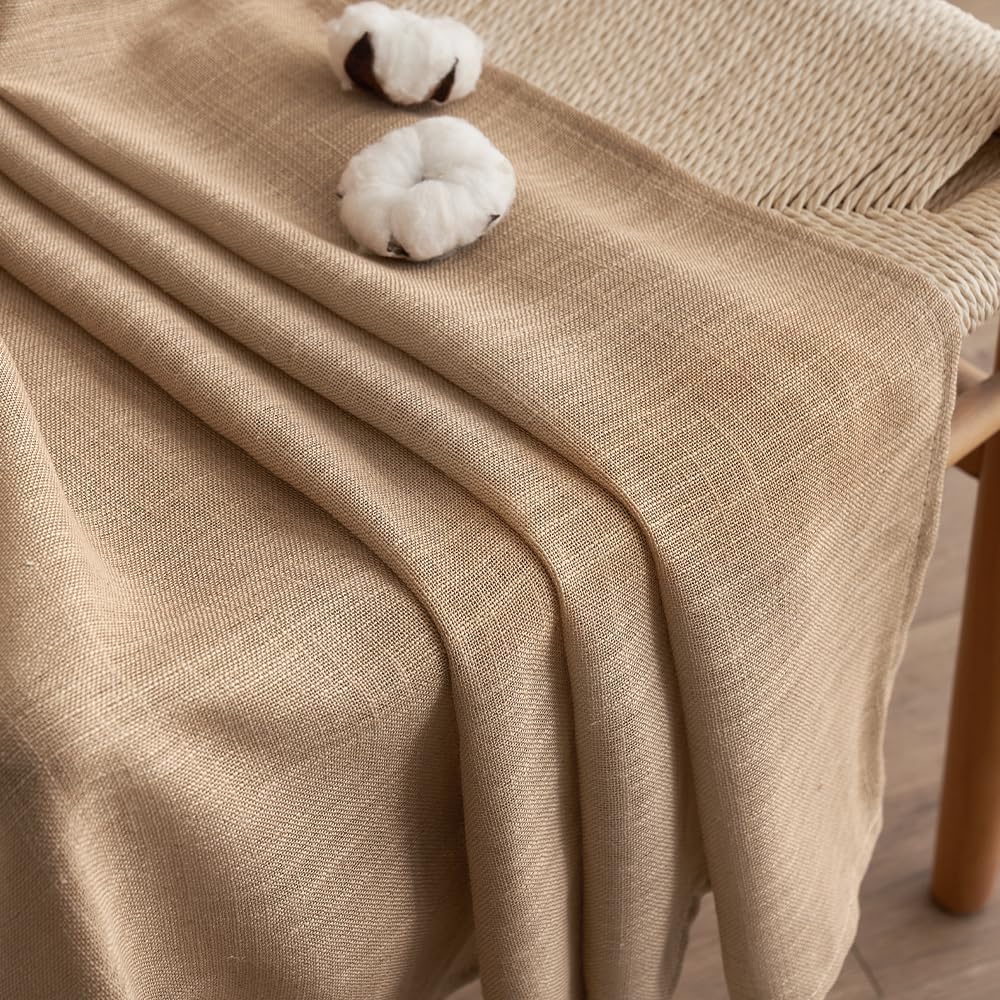 EMEMA Curtains, Linen Curtain with Ruffle Tape, Voile Curtain, Linen Look, Modern Semi-Transparent for Living Room, Decorative Curtain, Kitchen Curtains, Tab-Top Curtain, Bedroom, Brown, 140 x 215 cm