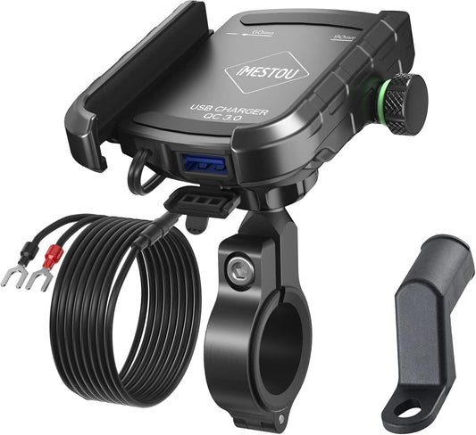 iMESTOU Motorcycle Phone Mount USB Charger Handlebar/Rear-View Mirror Cellphone Holder Aluminum with 17mm Ball Works with 12/24V Motorcycles Quick Charge for 4.0-6.8 Inch Smartphones (USB Type)