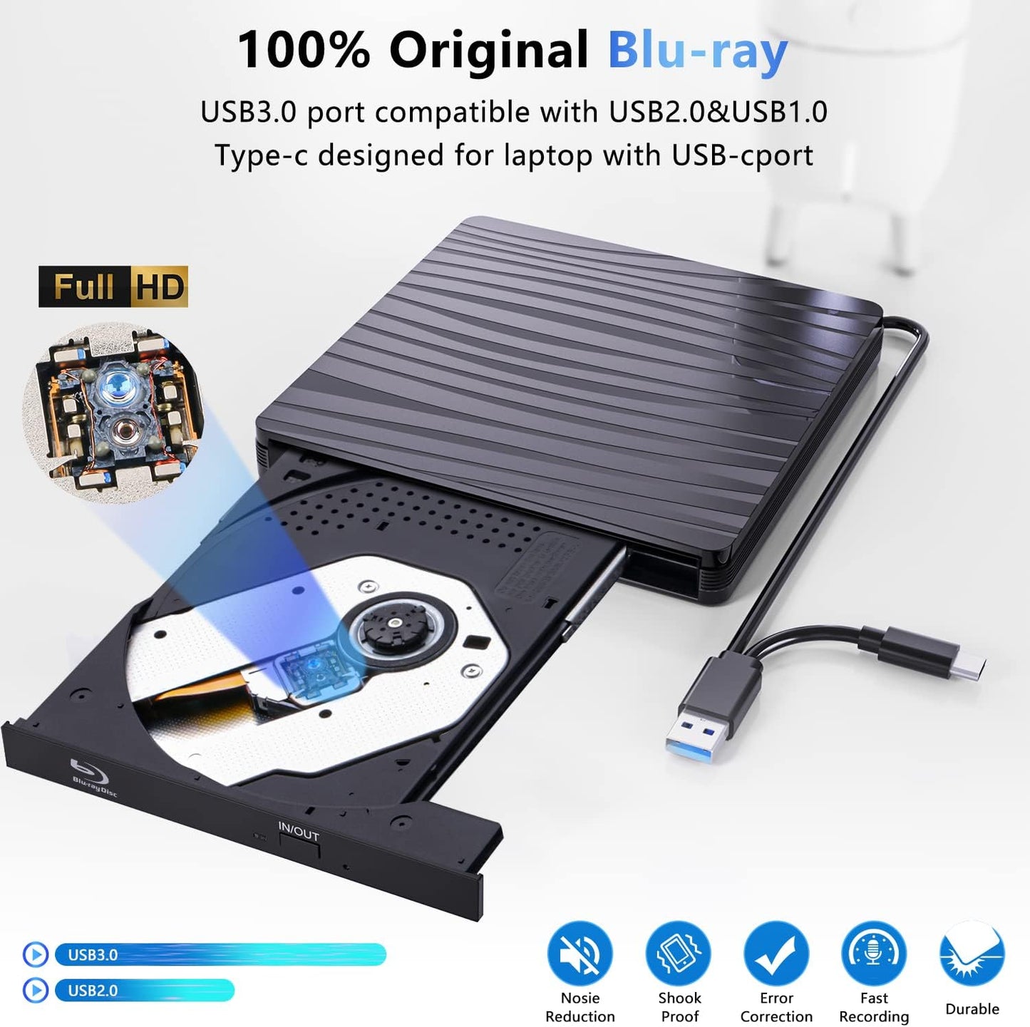QDSYLQ External Blu Ray Drive 50G, Type-C & USB 3.0 HD 1080P Bluray Drive External Blu Ray Drive External BD CD DVD ROM RW Blu-ray Drive for Laptop PC Mac Windows 11/10/8/7/XP/Linux/MacOS