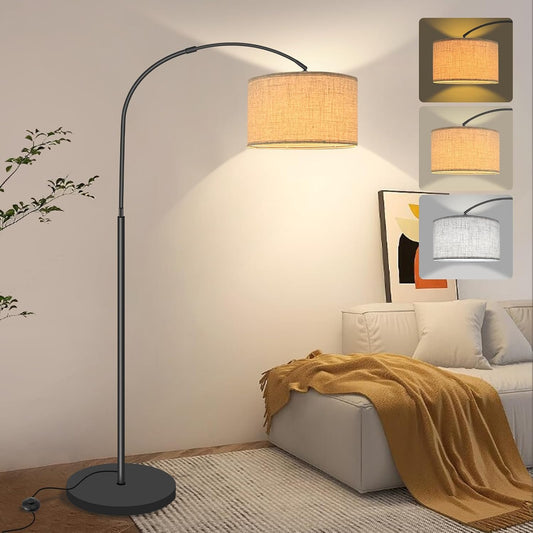 Fortand Arc Lamp Living Room Floor Lamp, LED Floor Lamp with 3 Colour Temperatures 12 W E27 Arch Light Modern Floor Lamp Reading Lamp with Linen Lampshade & Foot Switch Retro for Bedroom
