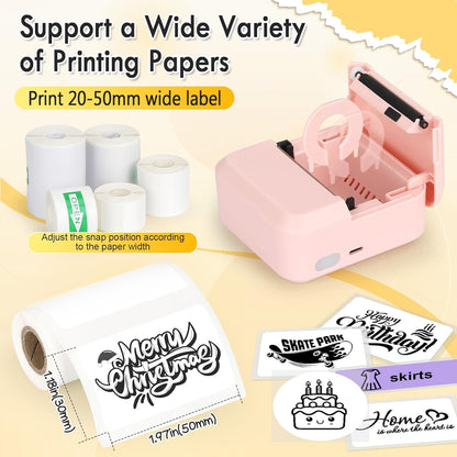 HuiJuKeJi Label Maker Machine with 50 * 30mm Tape, S2 Portable Bluetooth Mini Label Printer Maker with Personalize Templates Inkless Thermal Sticker Printer for Home Office Business (Pink)