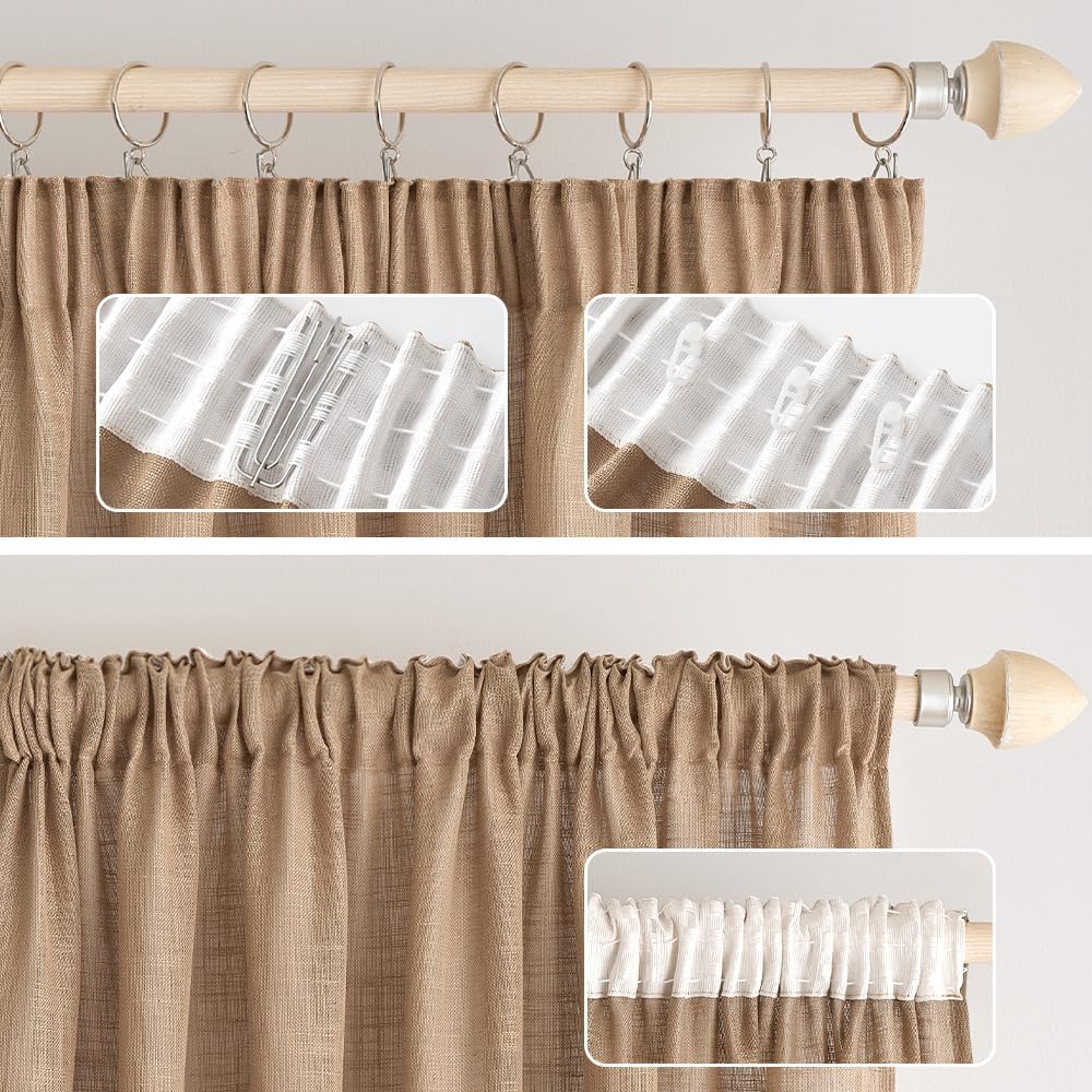 EMEMA Curtains, Linen Curtain with Ruffle Tape, Voile Curtain, Linen Look, Modern Semi-Transparent for Living Room, Decorative Curtain, Kitchen Curtains, Tab-Top Curtain, Bedroom, Brown, 140 x 215 cm