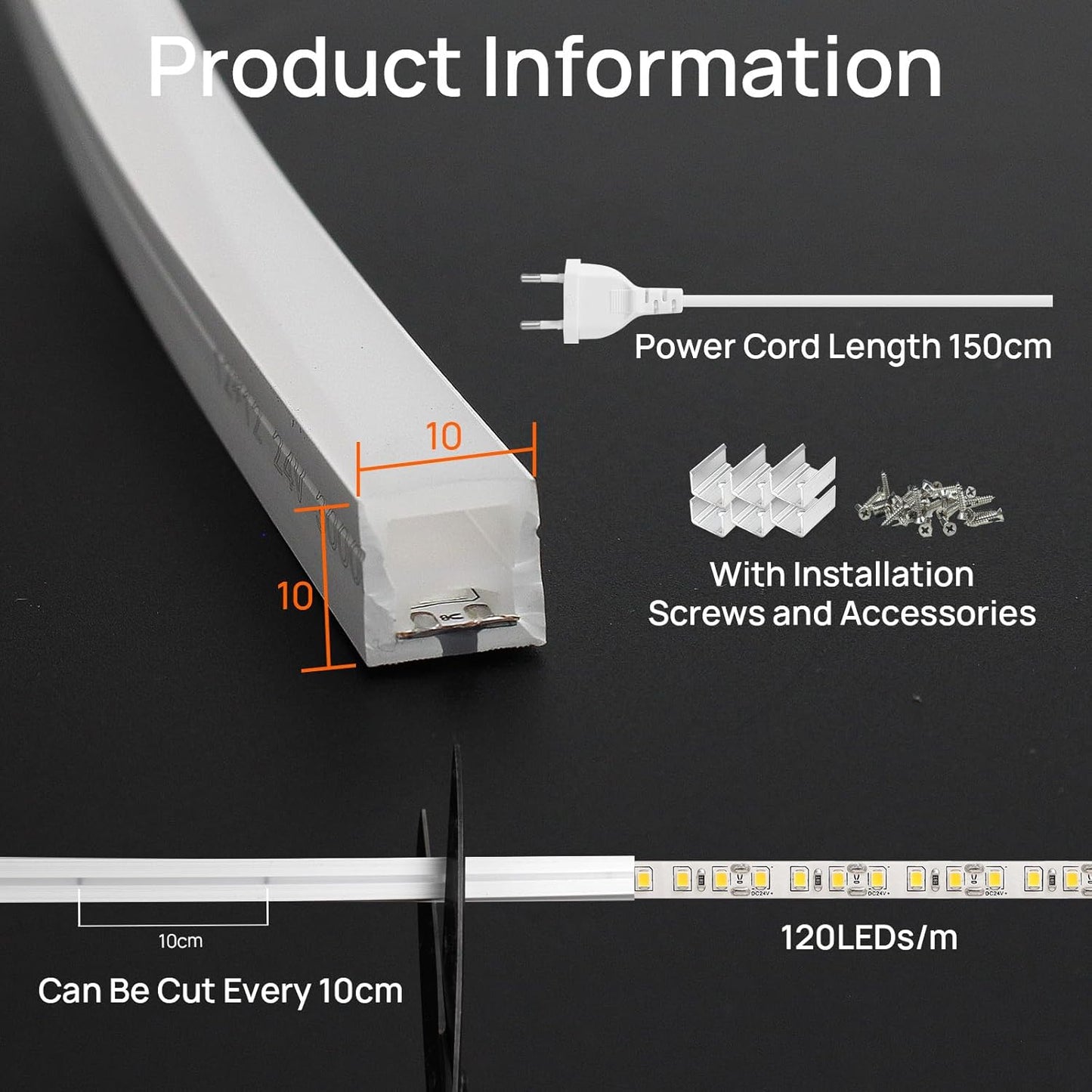 Neon LED Strip 5 m, Silicone Waterproof Fireproof IP65 LED Strip Warm White 3000 K 10 mm LED Fairy Lights Outdoor 230 V Flexible DIY Light Strip Outdoor with Power Supply for Home, Party,