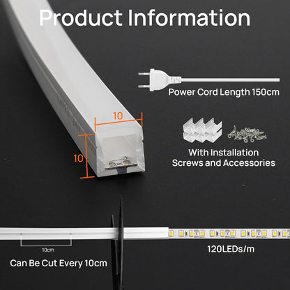 Neon LED Strip 5 m, Silicone Waterproof Fireproof IP65 LED Strip Warm White 3000 K 10 mm LED Fairy Lights Outdoor 230 V Flexible DIY Light Strip Outdoor with Power Supply for Home, Party,