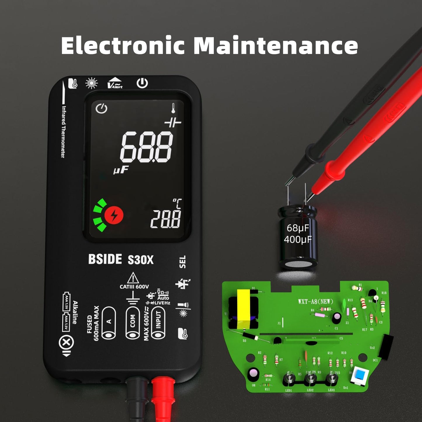 BSIDE Smart Digital Multimeter with IR Thermometer 12:1 High Voltage Diode Tester 9999 Counts Dual Powered Electrical Tester Multifunction Voltage Capacitance Meter for HVAC LED Automotive Electronic
