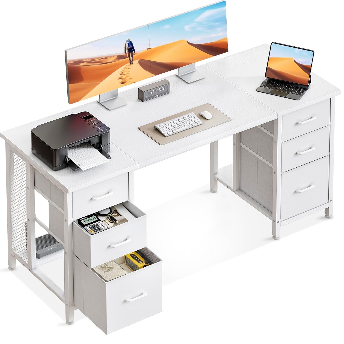 Birou cu 6 sertare 160x52 cm Coleshome, prize si USB, alb