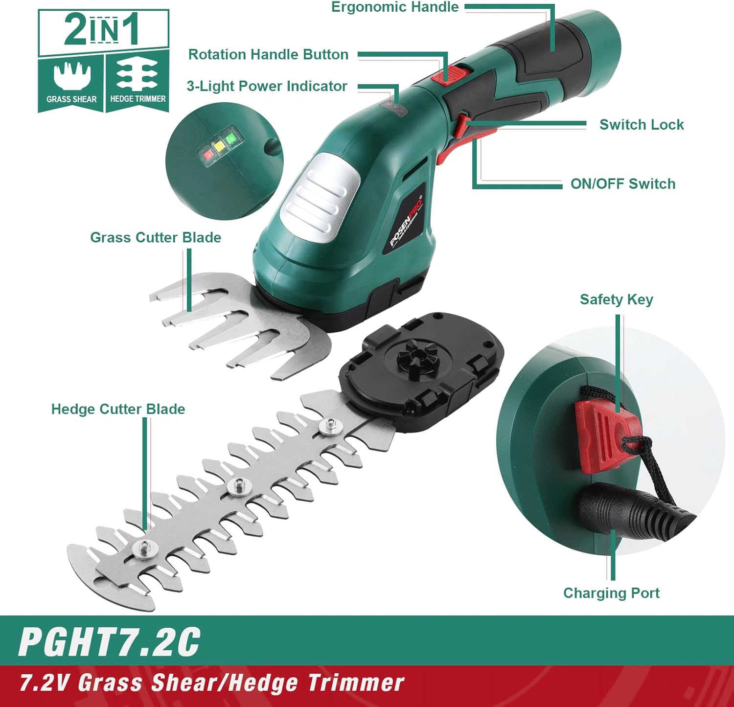 POSENPRO Akku Gras- und Strauchschere, 2 in 1 kabellose Grasschere 7,2V 1,5Ah Akku-Gartenschere, Mini Heckenschere für Garten und Höfe mit Ladegerät