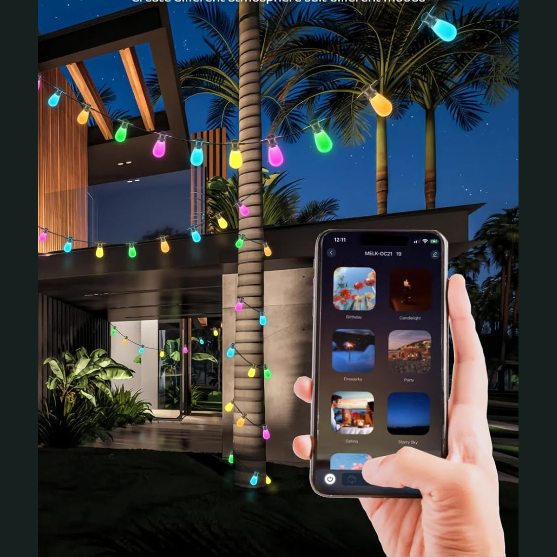 Gaoxun Outdoor String Lights, 15m RGBW Festoon Lights Outdoor with 15 Dimmable S14 LED Bulbs, APP Control, 33 Scene Modes, 234 Lighting Effects, IP65 Waterproof Smart Garden Lights for Backyard Party