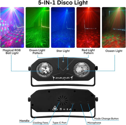 Disco Lights, 5-in-1 Led DJ Light with Tripod Stand, Kaleidoscope Ball/Red Green Pattern/Sound Activated/Star Light/Strobe Effect, Portable Disco Ball for Gig Disco Party DJ Stage Lighting