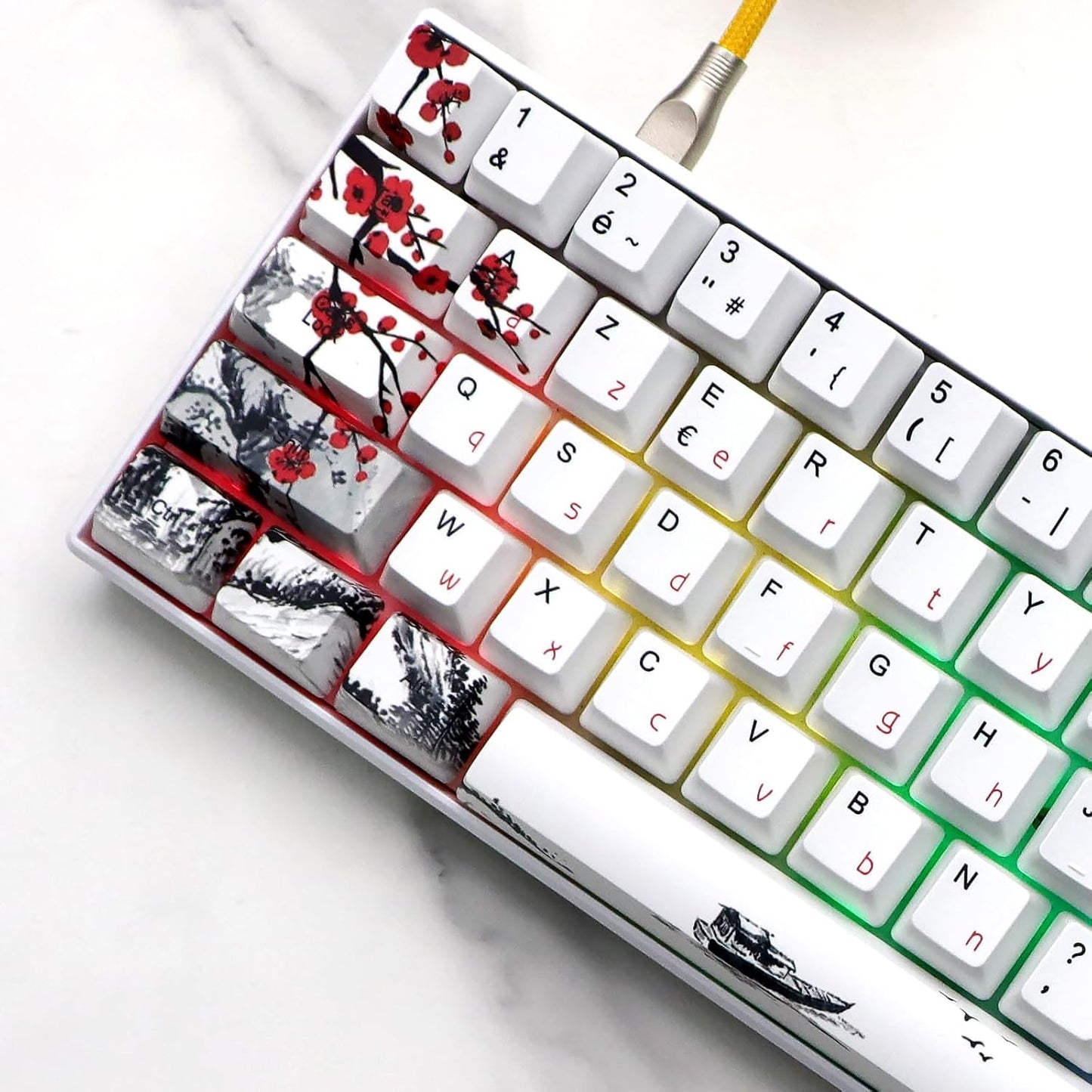 JSJT Plum Blossom Keycaps 128 Keys French Keycaps PBT OEM Profile Custom Keycaps for 61/68/87/96/104/108 Cherry MX Switches Mechanical Keyboard