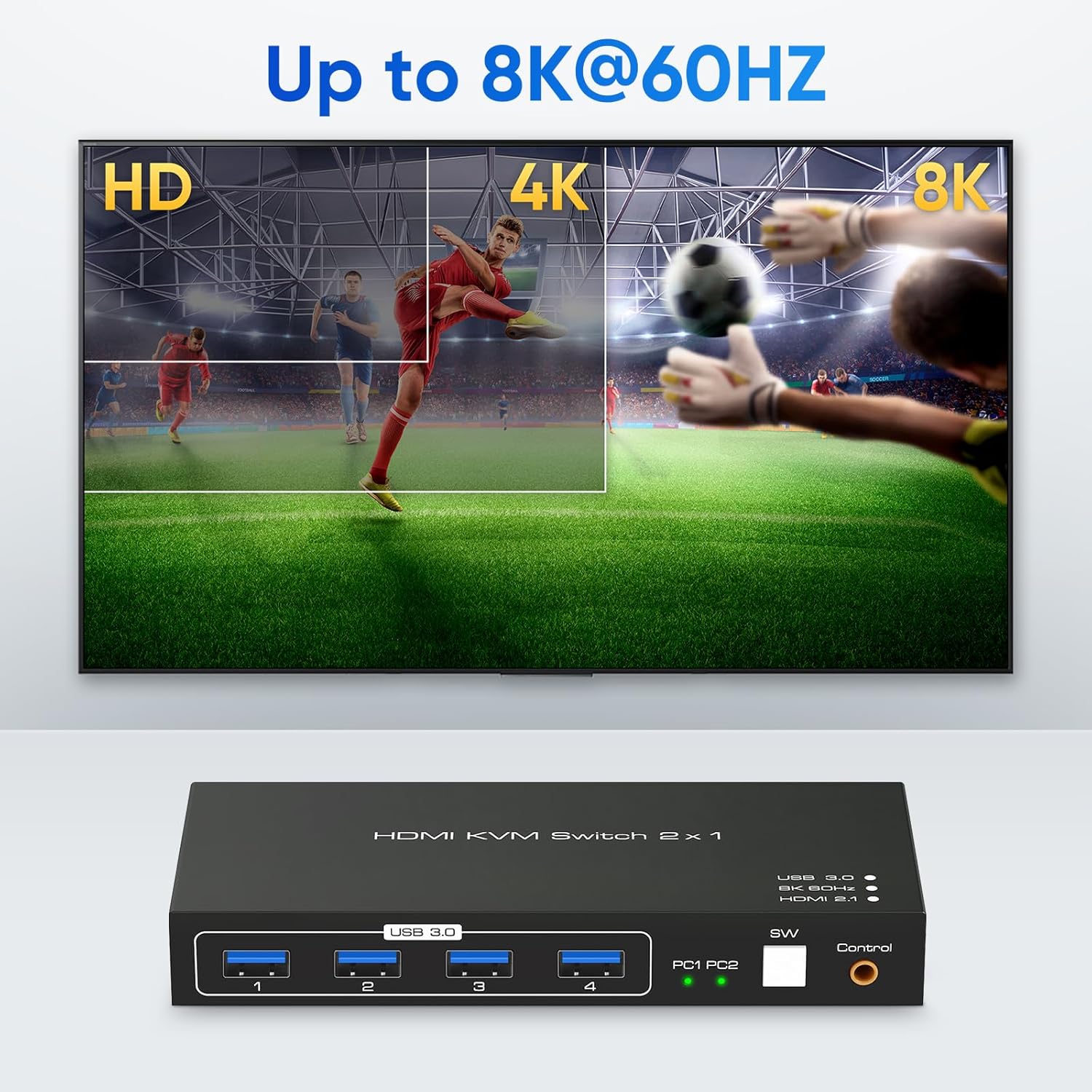 Conmutador KVM HDMI de 8K a 60hz con 3 USB 3.0, conmutadores KVM, 4 concentradores USB, 2 computadoras, 1 interruptor de monitor compatible con 4K@120Hz, 2 PCs Share Keyboard Mouse Printer Scanner,