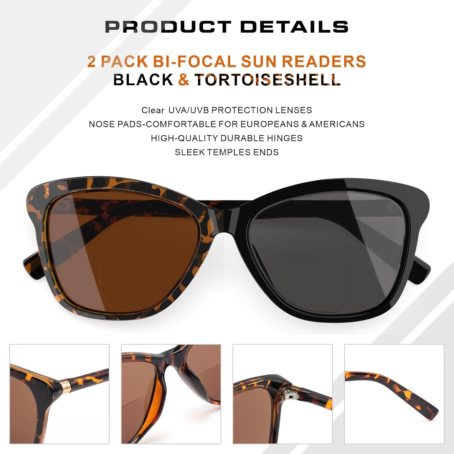 Missfive Pack of 2 Vintage Bifocal Sunglasses with Prescription Women's Classic Reading Sunglasses Women Black Turtle Retro Cat Eye Glasses, UV Protection Sunglasses for Driving, +2.5