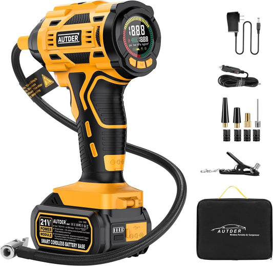 AUTDER Cordless Tire Inflator, 180PSI Portable Air Compressor with 21V Rechargeable Battery & 12V DC Car Adapter, Fast Inflation Digital Pump for Cars, Motorcycles, Bikes & Sports Balls - Black Yellow