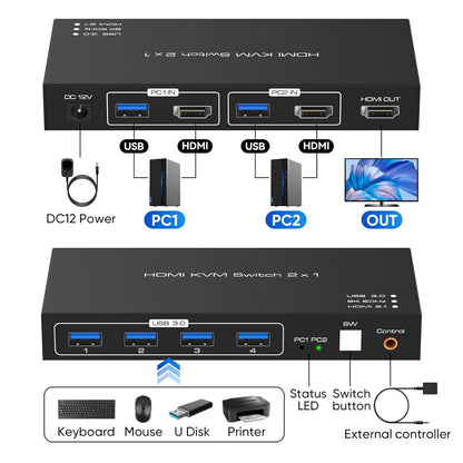 Conmutador KVM HDMI de 8K a 60hz con 3 USB 3.0, conmutadores KVM, 4 concentradores USB, 2 computadoras, 1 interruptor de monitor compatible con 4K@120Hz, 2 PCs Share Keyboard Mouse Printer Scanner,