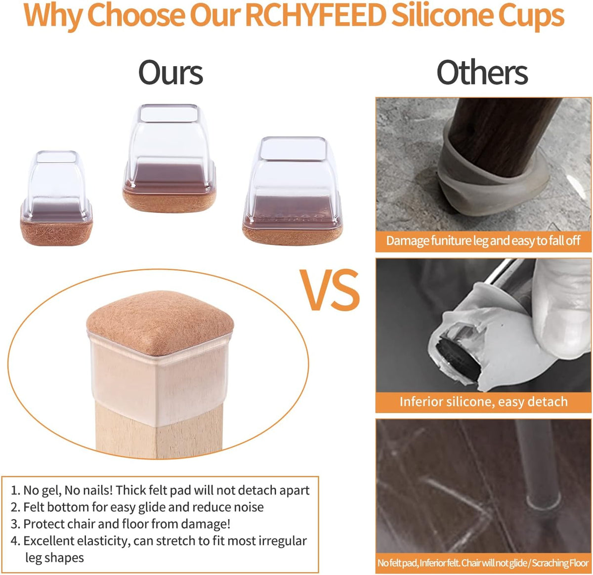 Capace patrate RCHYFEED pentru picioare de scaun, silicon transparent maro cu pasla, marimea Large, 2,8-3,4 cm, set 24 bucati