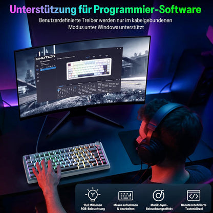 OMOTON Mechanical Keyboard Gaming Gasket QWERTZ ISO-DE Layout, Hot-Swap Wireless Gamer Keyboard 75% RGB with Five Layer Attenuation & Button, Bluetooth/2.4G/USB-C, Creamy Linear Switch, MK211