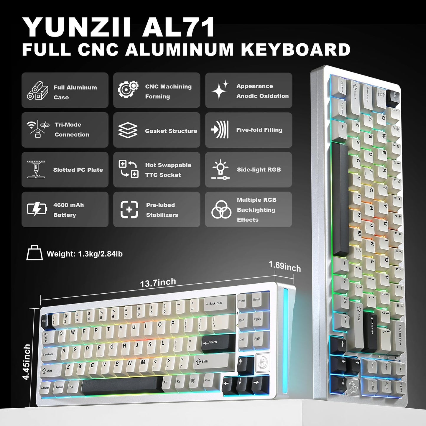 Tastatura YUNZII AL71 71 taste aluminiu CNC RGB wireless