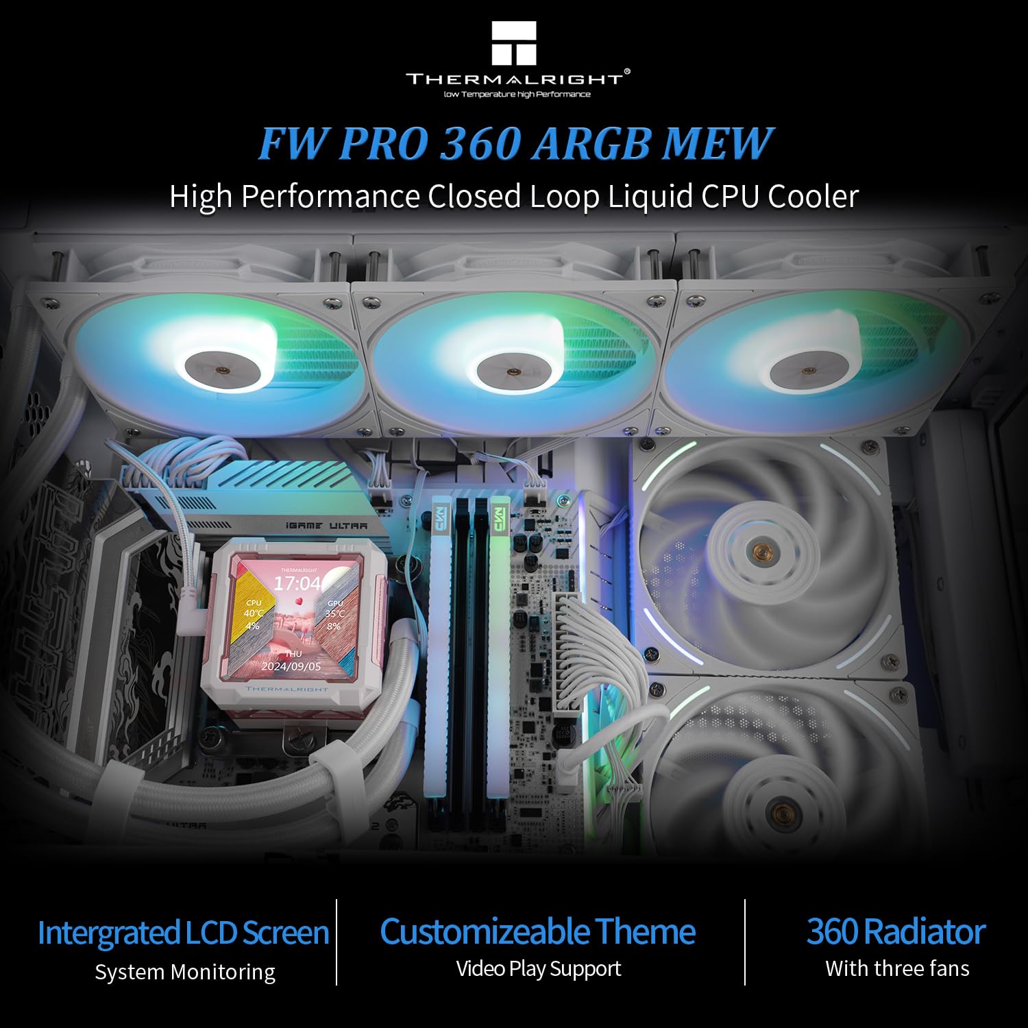 Thermalright FW PRO 360 ARGB MEW-360mm AIO CPU Liquid Cooler,IPS LCD Screen with 320 * 320 Resolution,for AM4/AM5/Intel LGA1700/1851,’2.73 inch’Magnet-Absorbent LCD Screen for Images