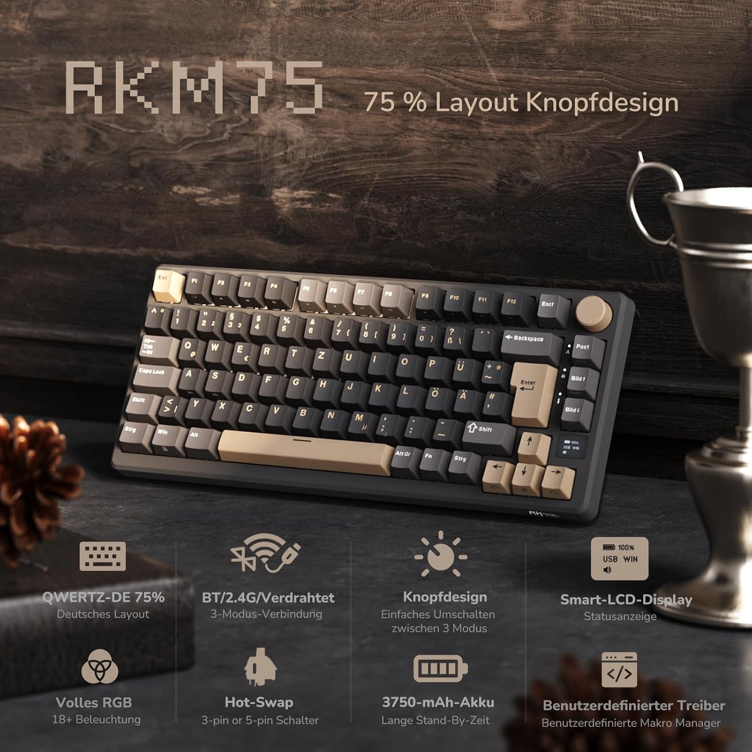 RK ROYAL KLUDGE M75 Gaming Keyboard Wireless, 75% Percent TKL Mechanical Keyboard, RGB, 2.4GHz Wireless/Bluetooth/USB-C, QWERTZ with OLED Smart Display and Button, Hot-Swappable Brown Switch, Grey