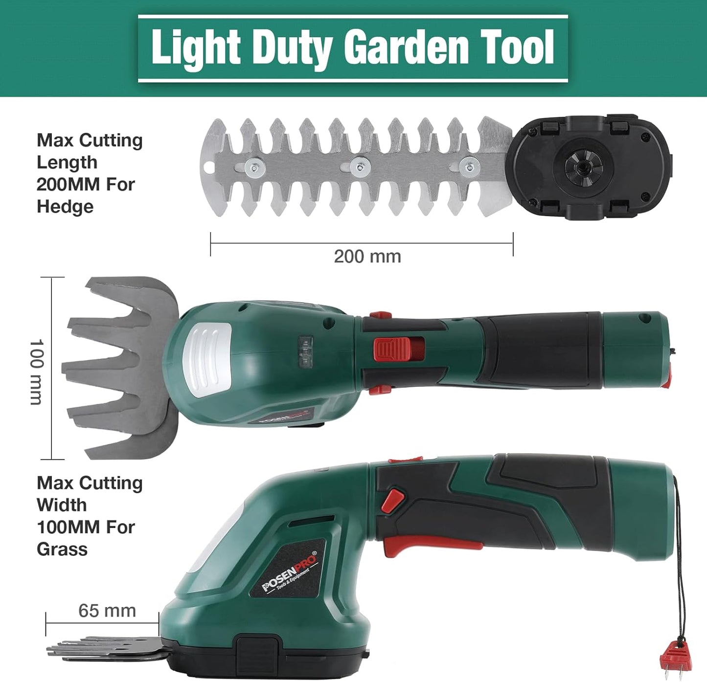 POSENPRO Akku Gras- und Strauchschere, 2 in 1 kabellose Grasschere 7,2V 1,5Ah Akku-Gartenschere, Mini Heckenschere für Garten und Höfe mit Ladegerät