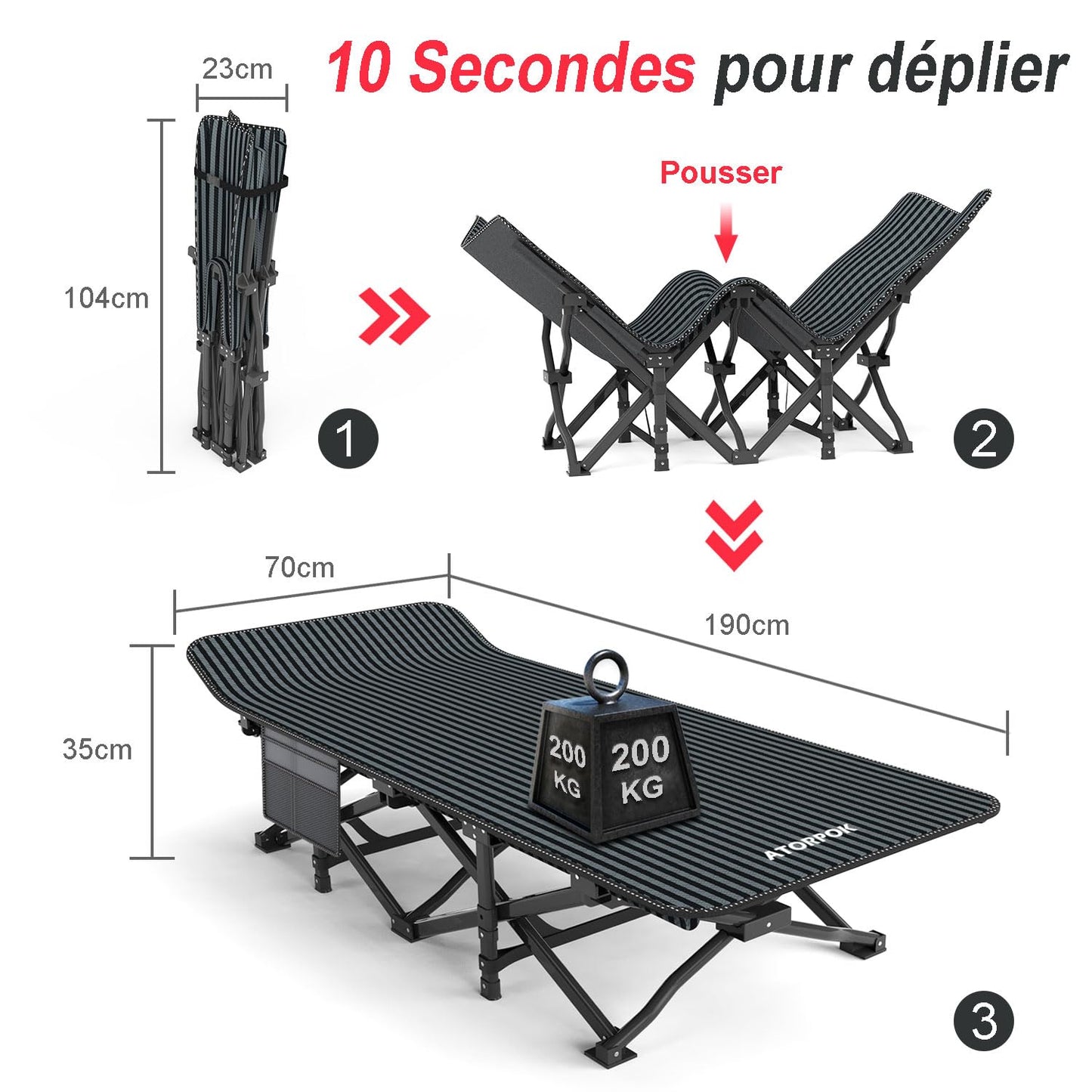 Pat camping ATORPOK SHOP HGHD pliabil, cadru otel, 250 kg