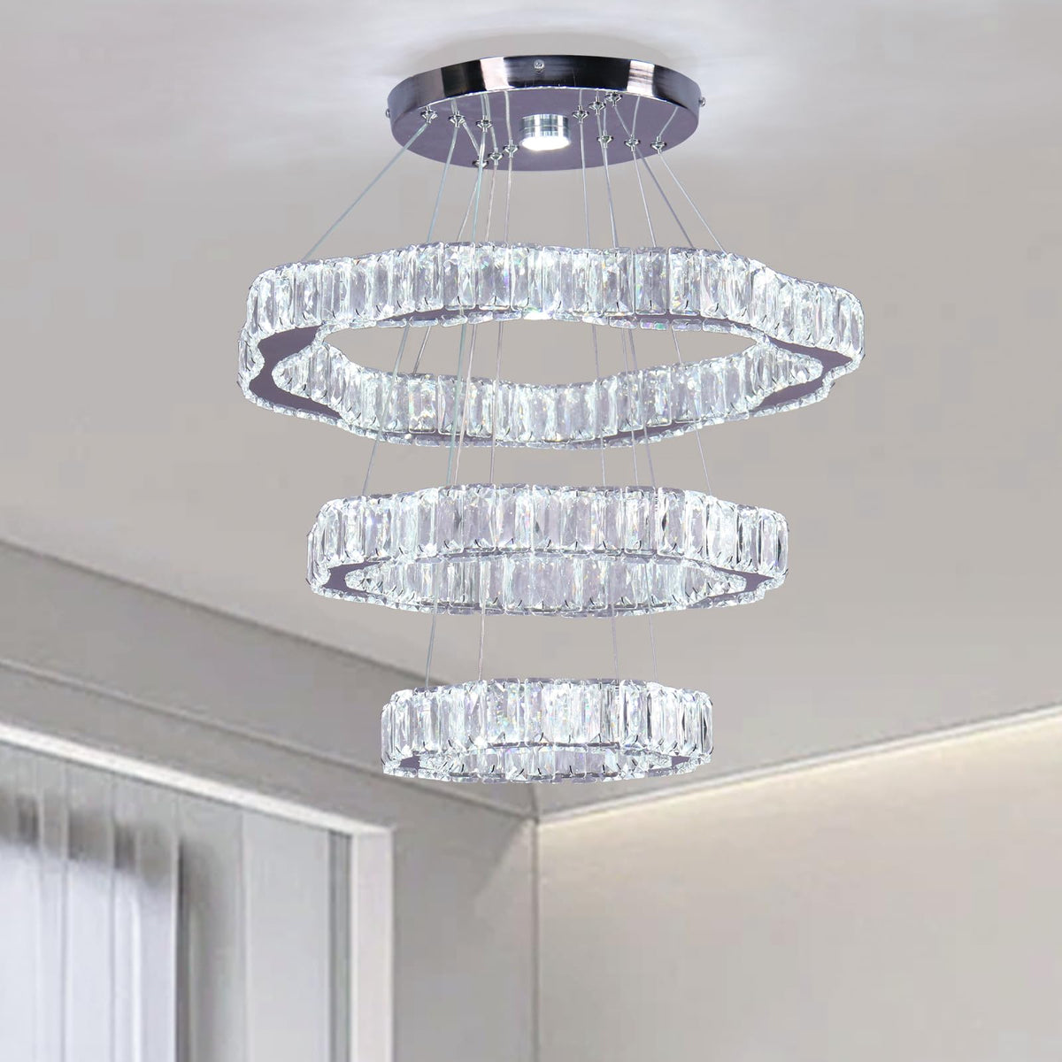 Lustra LED FRIXCHUR moderna cu 3 inele, cristal, 57W, 4650 lm