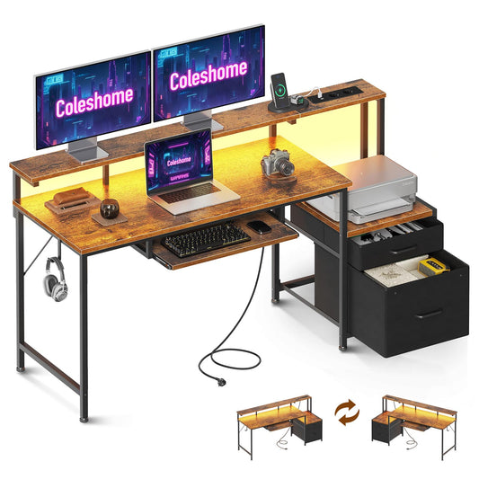 Birou gaming 140x48 cm cu LED Coleshome + USB/Prize si suport monitor