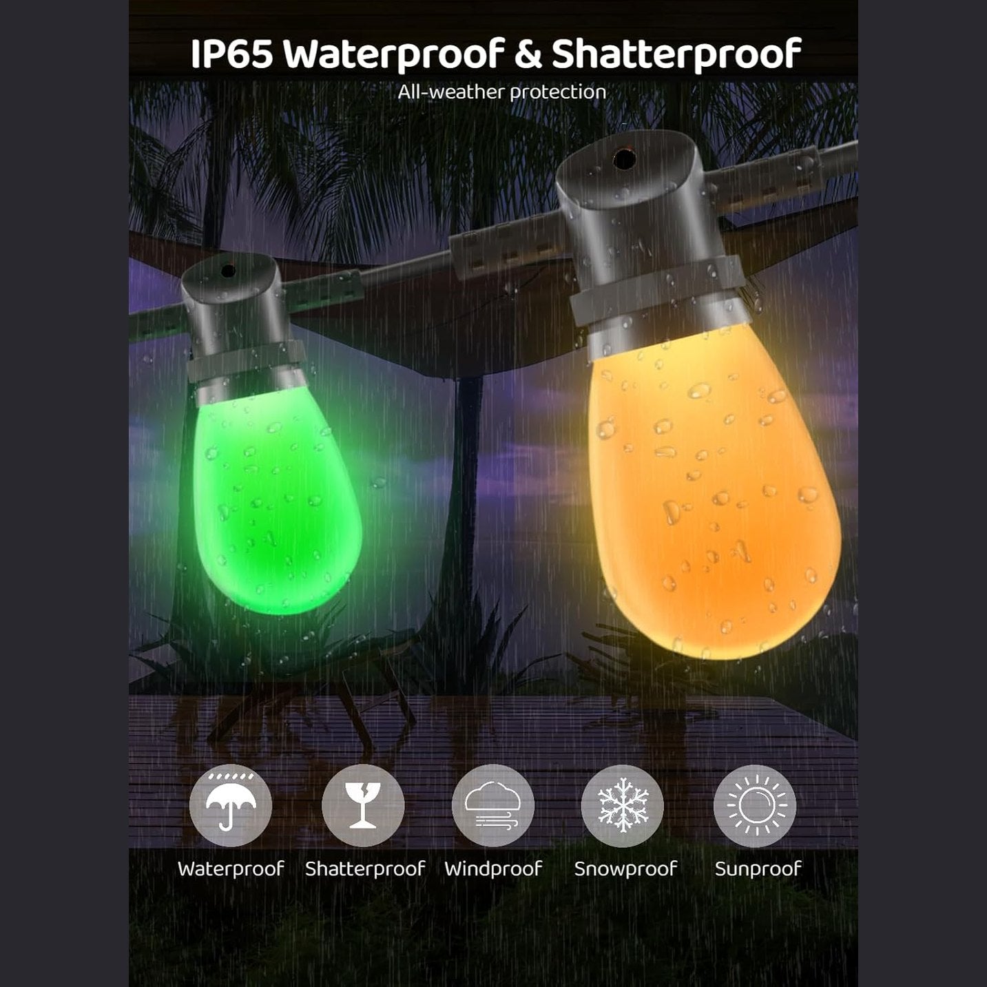 Gaoxun Outdoor String Lights, 15m RGBW Festoon Lights Outdoor with 15 Dimmable S14 LED Bulbs, APP Control, 33 Scene Modes, 234 Lighting Effects, IP65 Waterproof Smart Garden Lights for Backyard Party