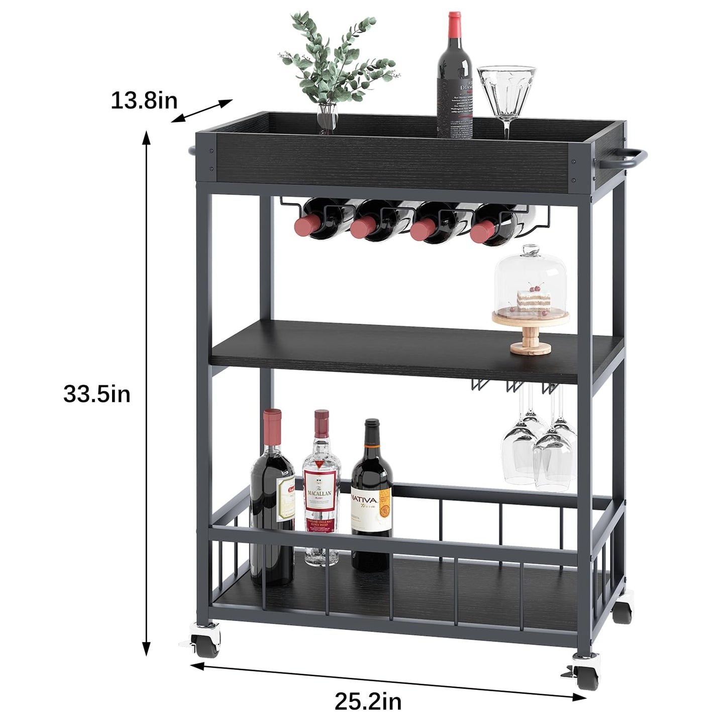 Carucior servire Huhote elegant 3 rafturi, suport sticle, negru