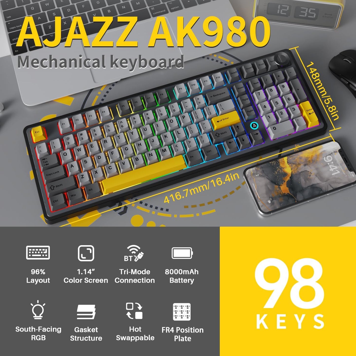 AJAZZ AK980 Mechanical Keyboard Gaming Keyboard with 1.14" Display and Buttons, 8000mAh Battery, BT/2.4G/USB-C, South Facing RGB, Hot Swap, FR4 Position Plate, 5-Layer Padding