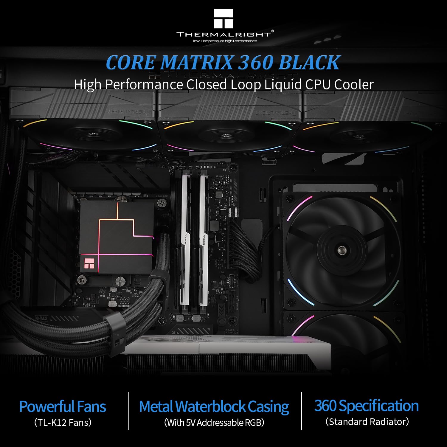 Thermalright Core Matrix 360 Black CPU Liquid Cooler with 120mm PWM Fan,360 Black Cold Row Specification,Integrated Water Cooler Heatsink,for AM4/AM5,Intel 1700/1150/1151/1200/2011