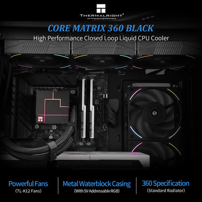 Thermalright Core Matrix 360 Black CPU Liquid Cooler with 120mm PWM Fan,360 Black Cold Row Specification,Integrated Water Cooler Heatsink,for AM4/AM5,Intel 1700/1150/1151/1200/2011