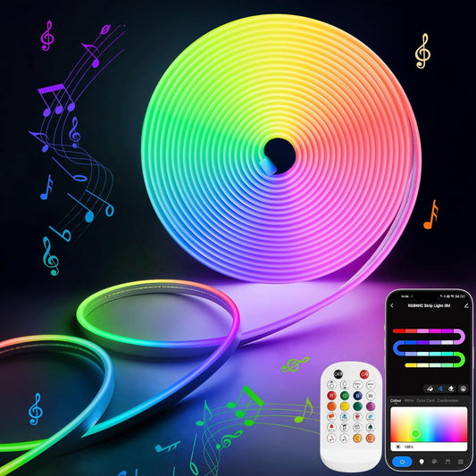 Lamomo LED Neon Strip Lights 5M - RGBIC Neon Strip Lights with Music Sync, 24V Waterproof Neon Lights App/Remote Control, Colour Changing DIY Led Lighting for Bedroom Gaming Indoor Outdoor Decoration