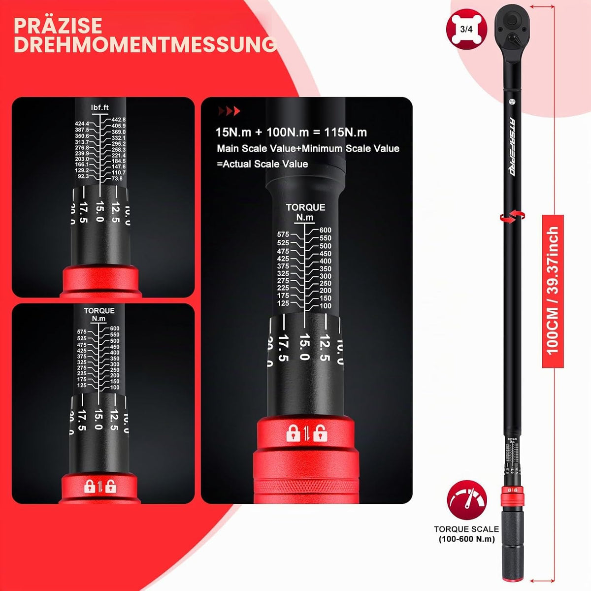Cheie dinamometrica ATsafepro pentru roti si camioane, 3/4 inch, 100-600 Nm