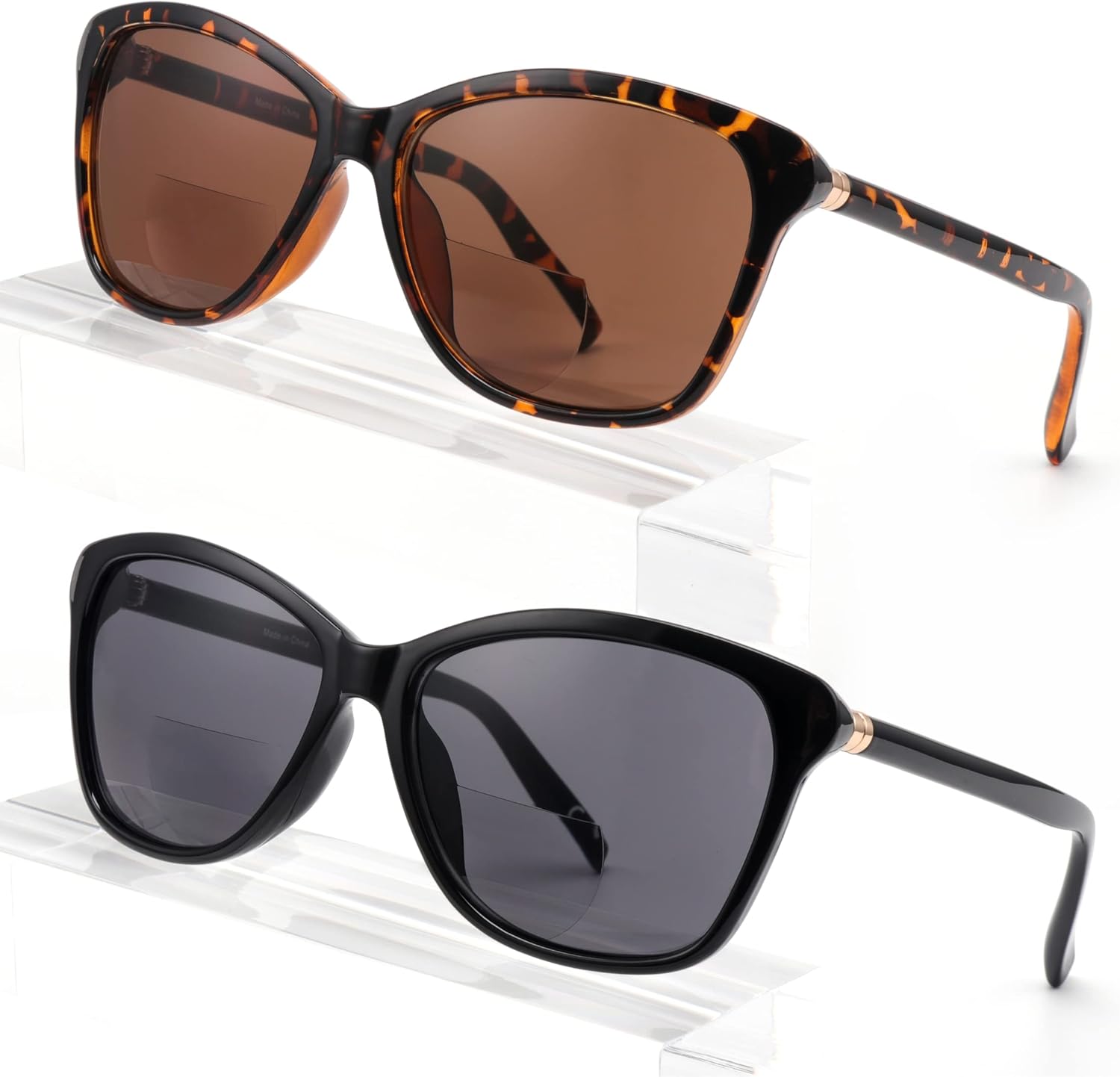 Missfive Pack of 2 Vintage Bifocal Sunglasses with Prescription Women's Classic Reading Sunglasses Women Black Turtle Retro Cat Eye Glasses, UV Protection Sunglasses for Driving, +2.5