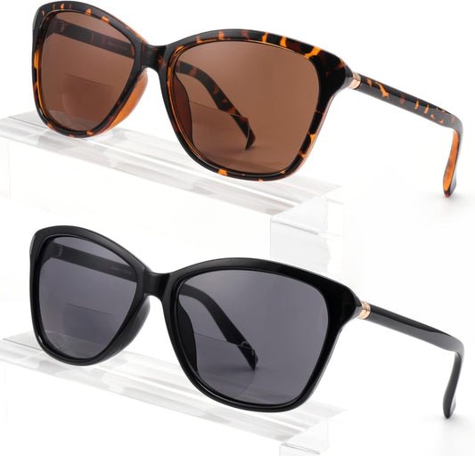 Missfive Pack of 2 Vintage Bifocal Sunglasses with Prescription Women's Classic Reading Sunglasses Women Black Turtle Retro Cat Eye Glasses, UV Protection Sunglasses for Driving, +2.5
