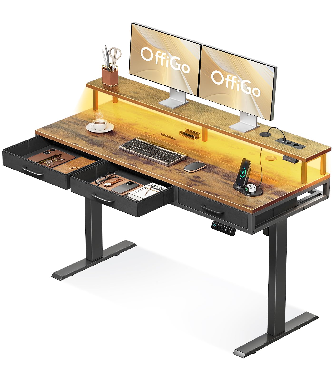 Birou electric OffiGo 140 cm cu 3 sertare, USB, LED