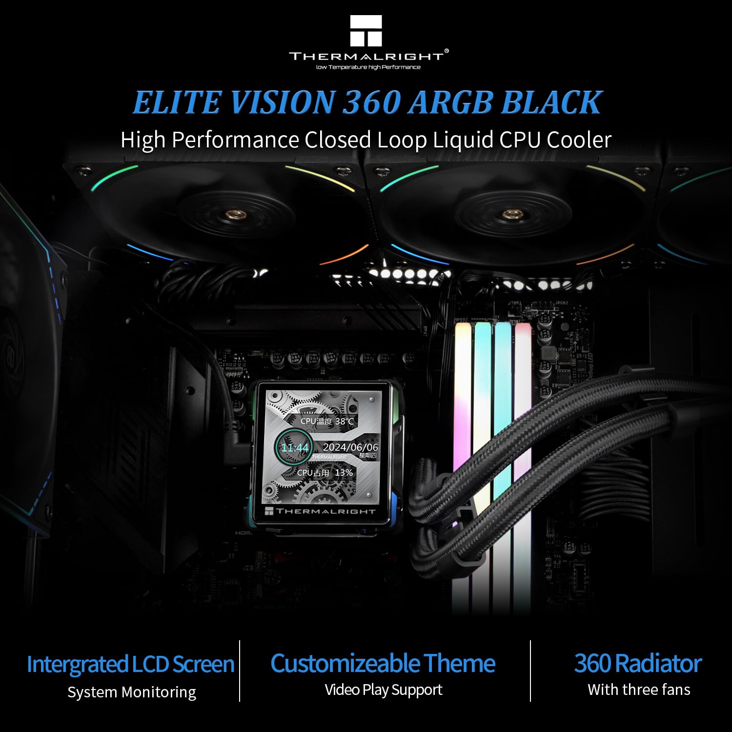 Thermalright Elite Vision 360 ARGB BLACK AIO CPU Liquid Cooler,IPS LCD Screen with 320 * 320 Resolution,for AM4/AM5/Intel LGA1700/1851,’2.73 inch’Magnet-Absorbent LCD Screen for Images,PC Cooling