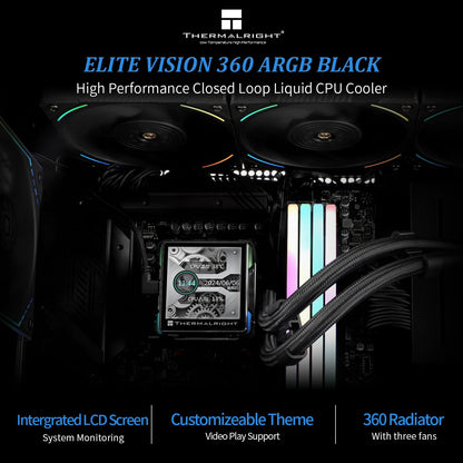 Thermalright Elite Vision 360 ARGB BLACK AIO CPU Liquid Cooler,IPS LCD Screen with 320 * 320 Resolution,for AM4/AM5/Intel LGA1700/1851,’2.73 inch’Magnet-Absorbent LCD Screen for Images,PC Cooling
