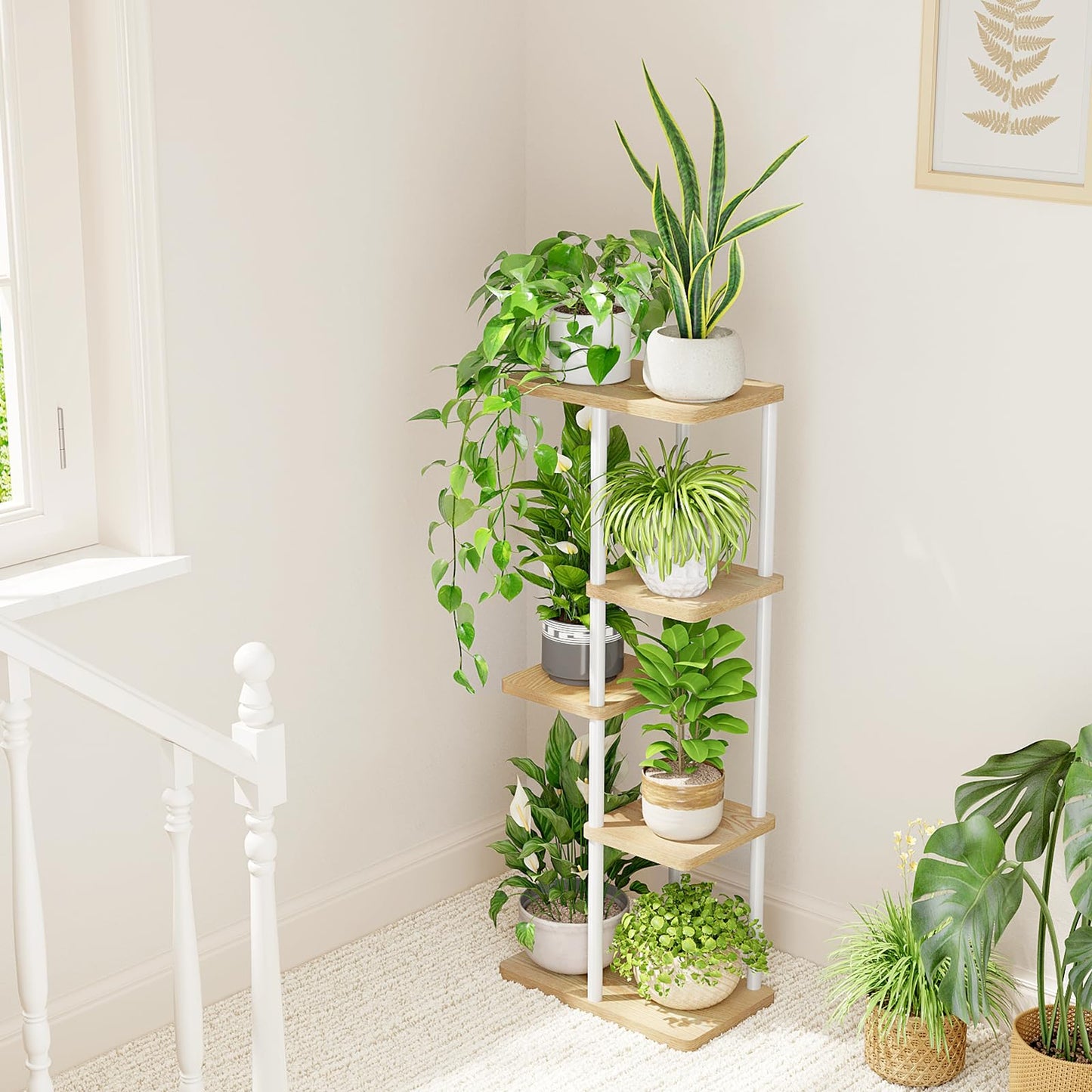 Suport plante Bamworld 5 Tier Metal Alb 5 niveluri 60 lb